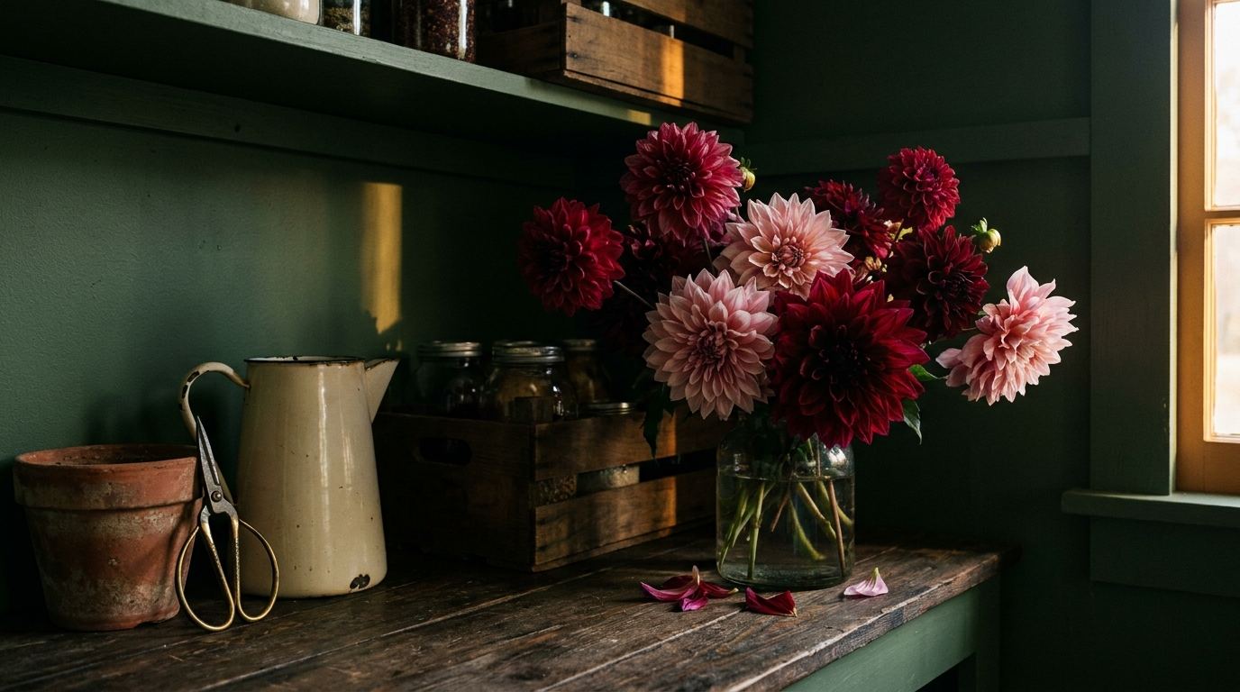 A glass vase of dinner-plate dahlias in burgundy and blush on a dark farmhouse shelf, lit by a shaft of warm evening light
