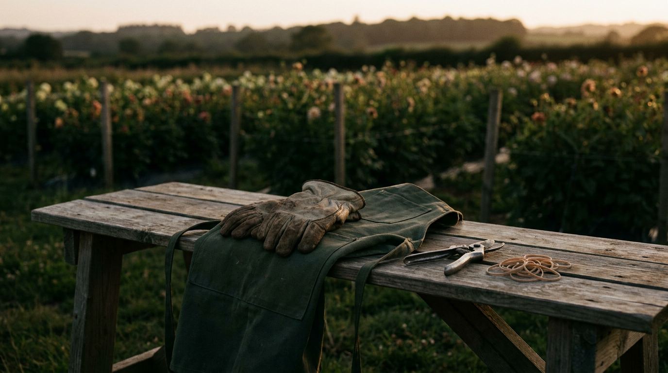 Well-worn work gloves and a canvas apron on a wooden field bench at the end of the day, low golden light across flower beds