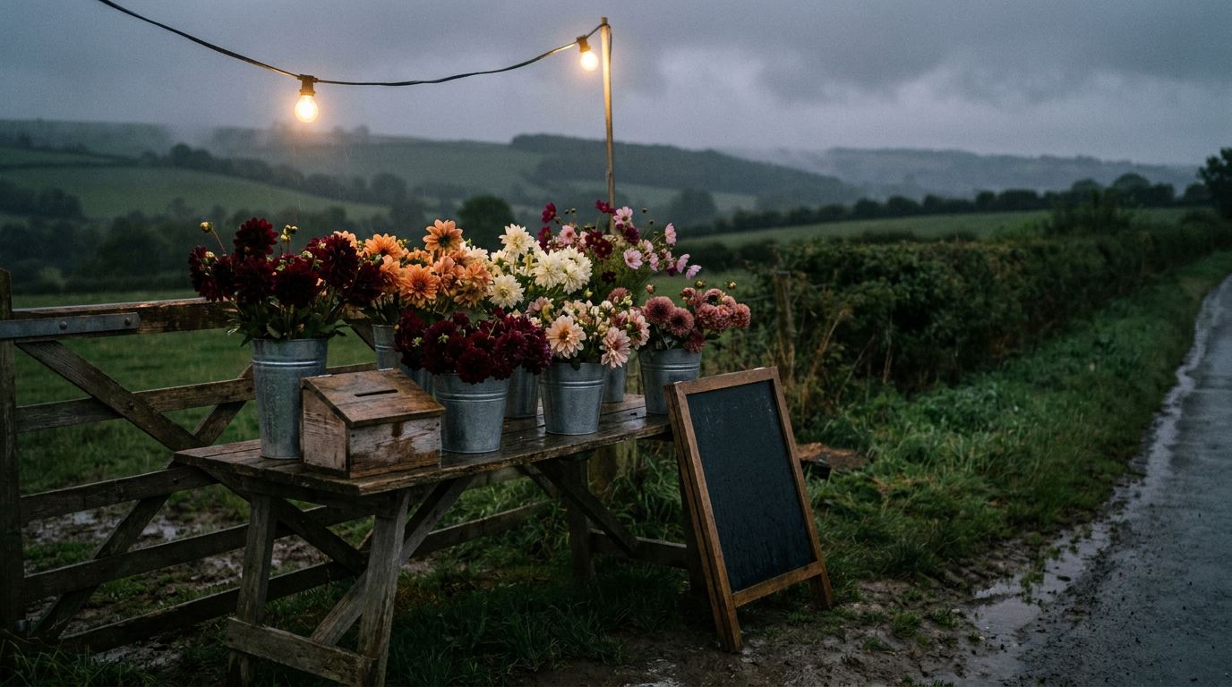 A flower farm gate stall at dusk: buckets of dahlias and cosmos under a warm festoon bulb, with an honesty box and a blank chalkboard