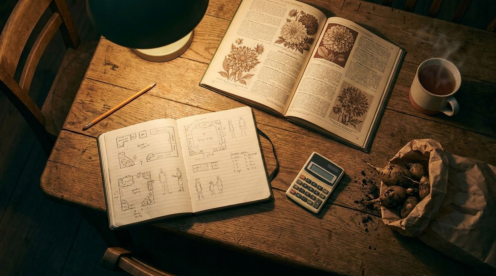 A flower farmer's kitchen table at night: notebook with a hand-drawn bed plan, seed catalogue, calculator and a mug of tea