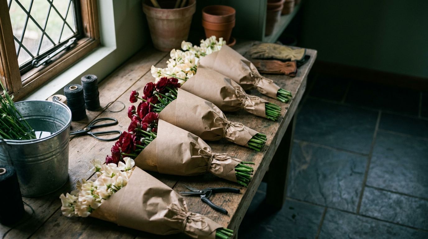 Wholesale bunches of ranunculus and sweet peas wrapped in kraft paper on a wooden workroom bench, with twine and snips