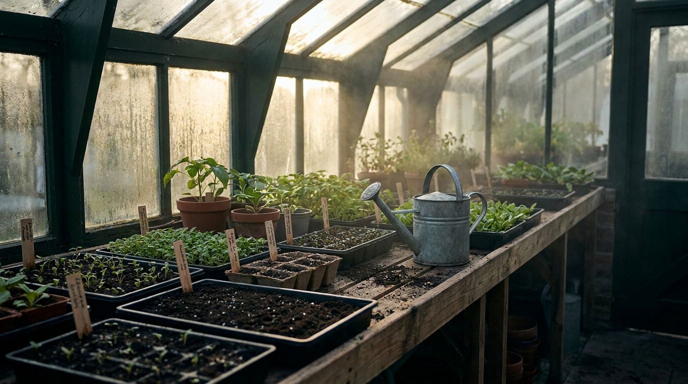 Inside a greenhouse at golden morning light: rows of seed trays on a propagation bench at visibly different stages of growth