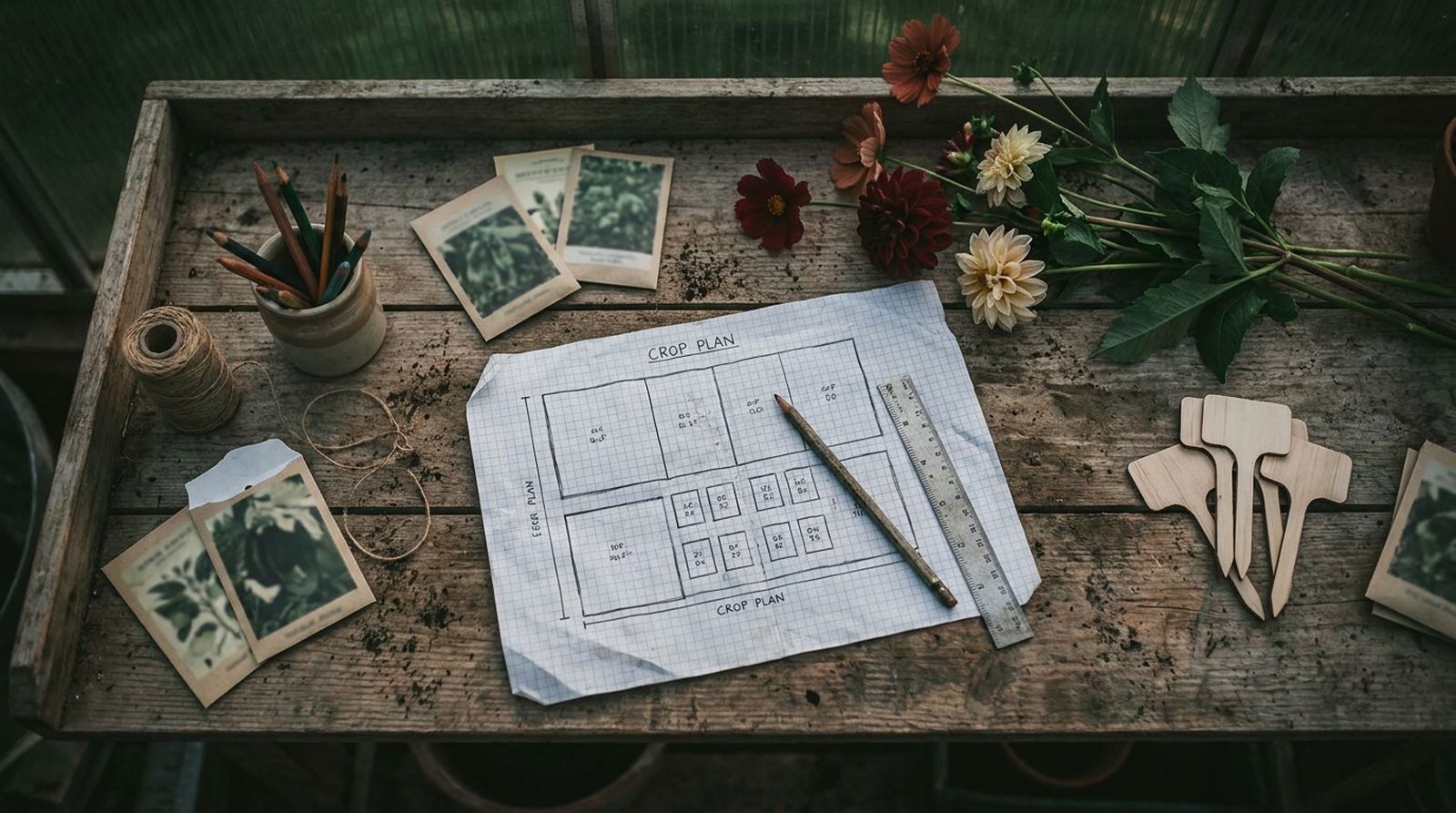 A hand-drawn crop plan on graph paper on a potting bench, with seed packets, pencils, twine and fresh-cut stems